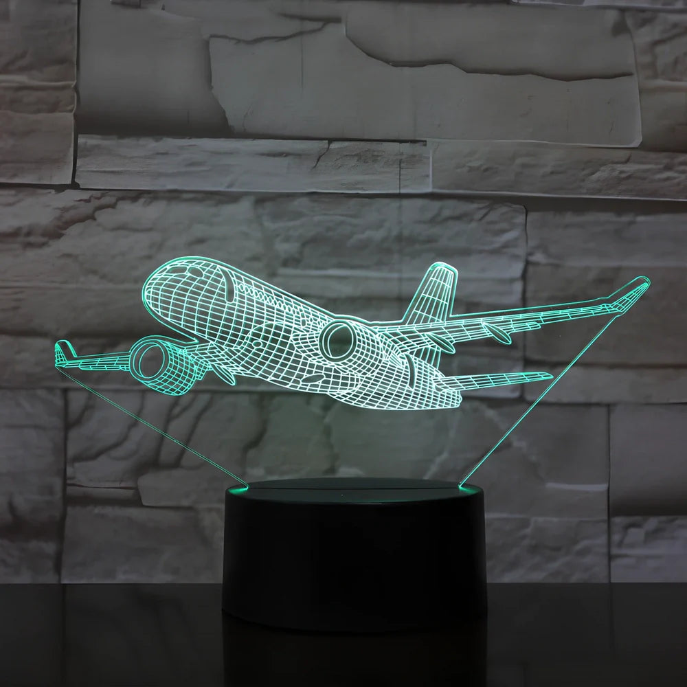 Custom 3D airplane hologram night light with optical acrylic panel and ABS base showing colour-changing illumination