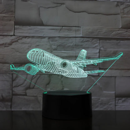 Custom 3D airplane hologram night light with optical acrylic panel and ABS base showing colour-changing illumination