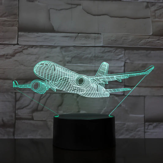 Custom 3D airplane hologram night light with optical acrylic panel and ABS base showing colour-changing illumination