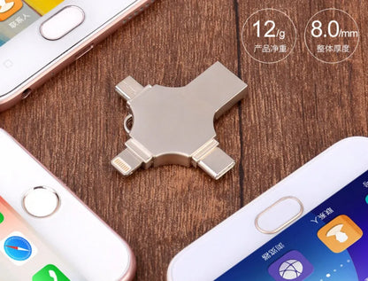 Metal mobile phone U disk with 4-in-1 iOS, Micro USB, Type-C and USB 3.0 connectors, 11g, in Silver