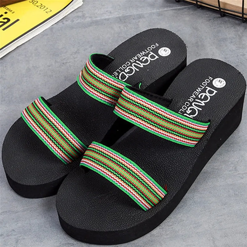 Women's summer bohemian slippers with a 5.5cm wedge heel and flexible EVA upper for comfortable all-day wear, available in three colours and five sizes from 36 to 40
