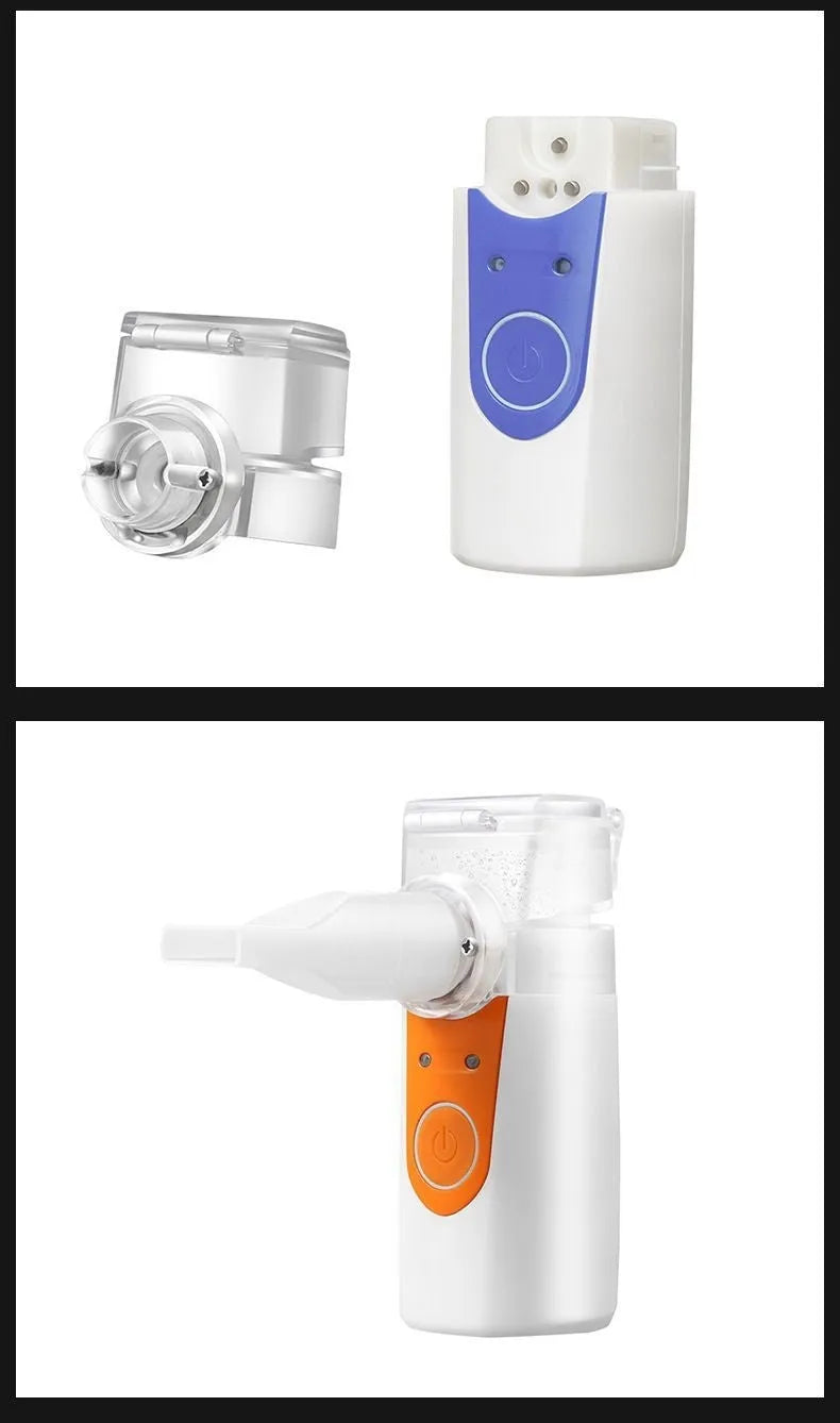 A white columnar handheld USB nebuliser spray machine with a single mist outlet on a table.