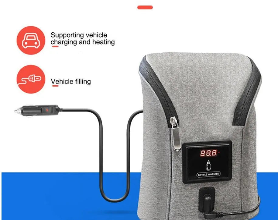 Grey Oxford cloth portable baby bottle warmer with electronic display for car USB charging