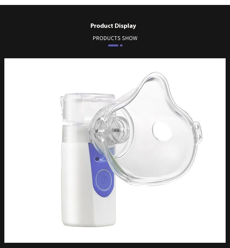 A white columnar handheld USB nebuliser spray machine with a single mist outlet on a table.
