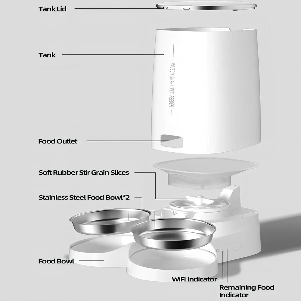 ROJECO white automatic pet feeder with stainless steel bowl and digital control panel