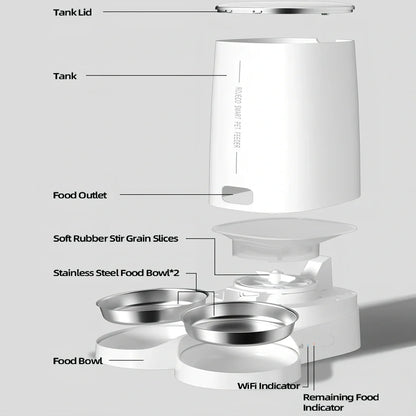 ROJECO white automatic pet feeder with stainless steel bowl and digital control panel