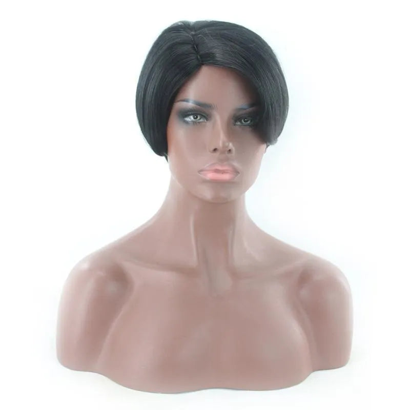 Black short bob lace frontal wig made from high temperature wire, shown as a heat-resistant synthetic hairpiece.