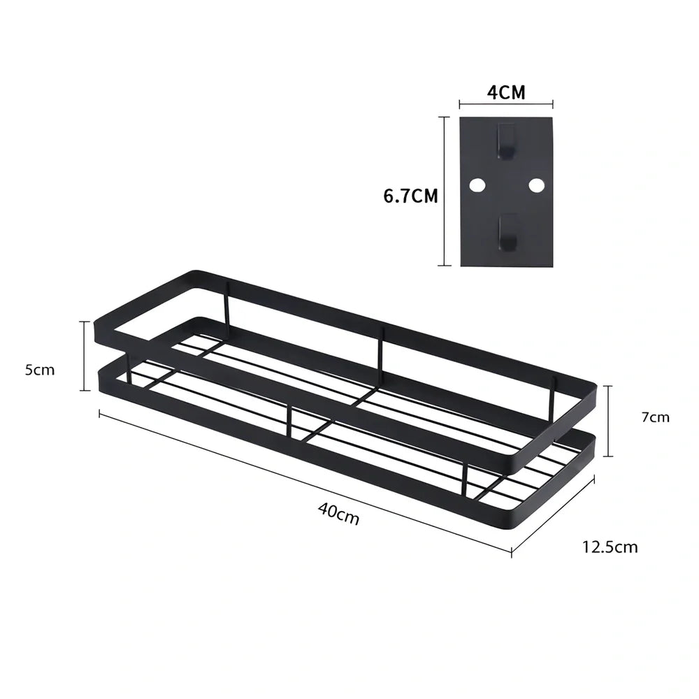 Metal kitchen wall storage shelf holding spice containers and pepper seasoning sprayers in six size options from 20cm to 50cm
