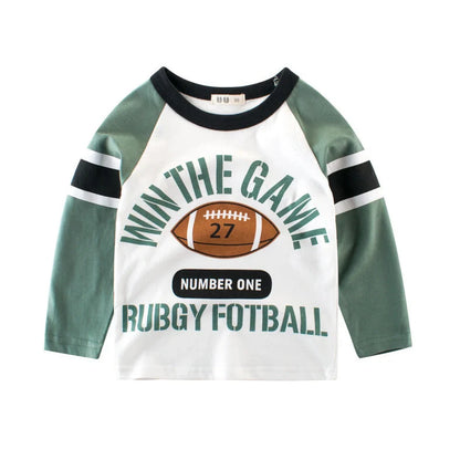 Korean boy's green long-sleeve bottoming shirt with soft-treated fabric, size chart showing measurements