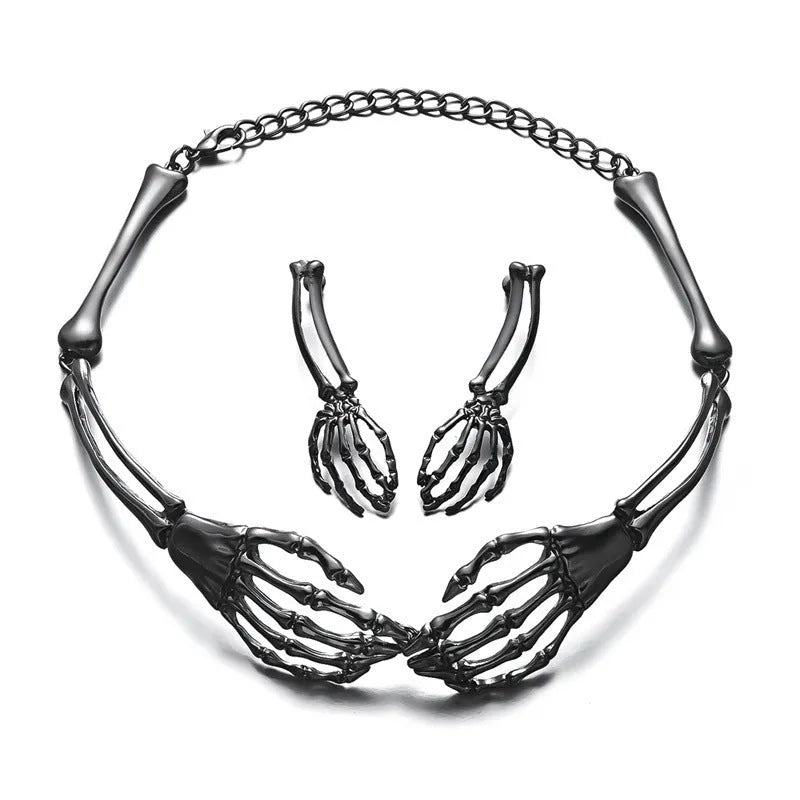Dark style skull and ghost hand necklace and earrings set with electroplated alloy construction