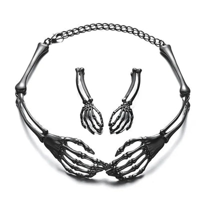 Dark style skull and ghost hand necklace and earrings set with electroplated alloy construction