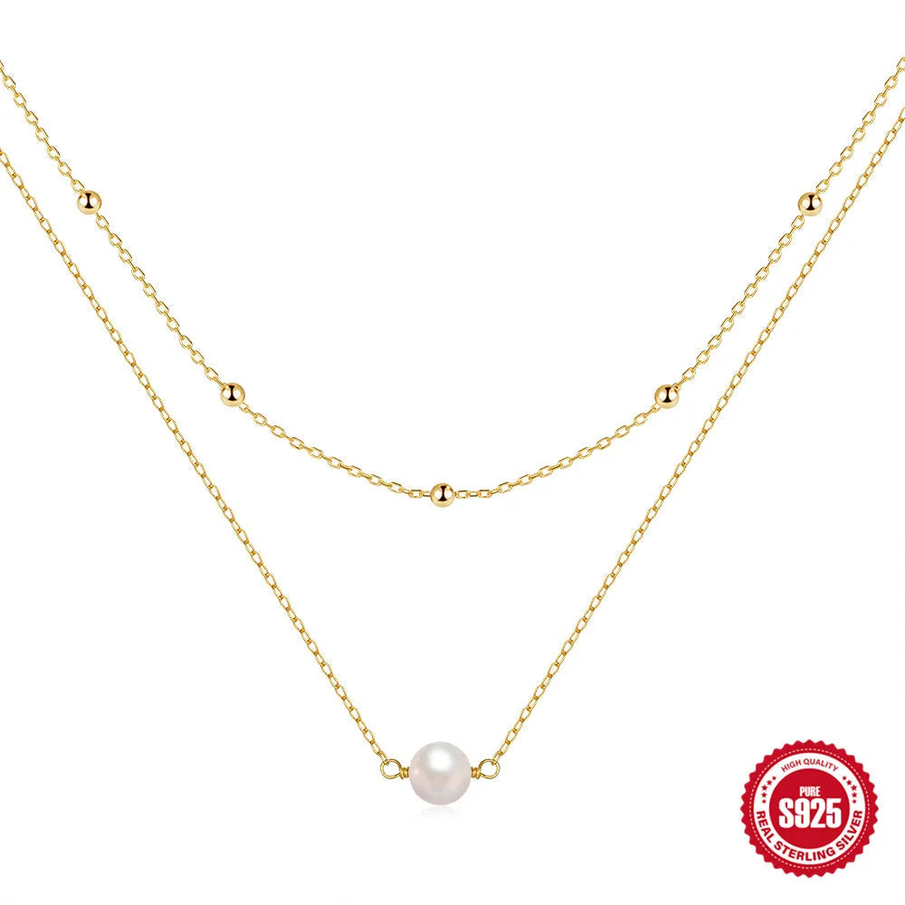 S925 sterling silver double layer necklace with twin pearls and geometric pendant in gold or white gold colour