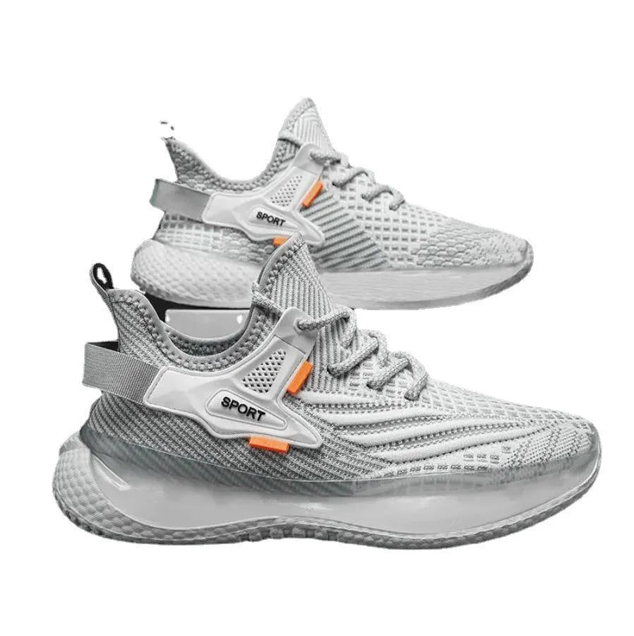 Men's white low-top mesh platform sneakers with round toe and front lace-up design on a rubber sole