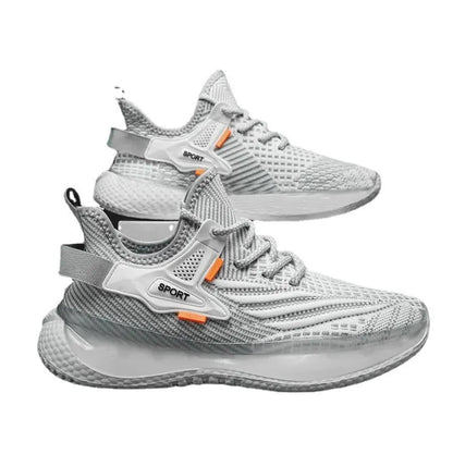 Men's white low-top mesh platform sneakers with round toe and front lace-up design on a rubber sole