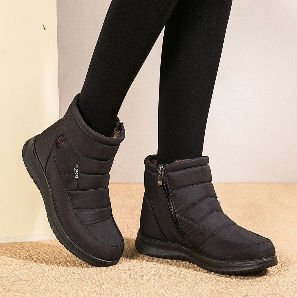 Women's waterproof non-slip winter ankle boots in red, black, and brown