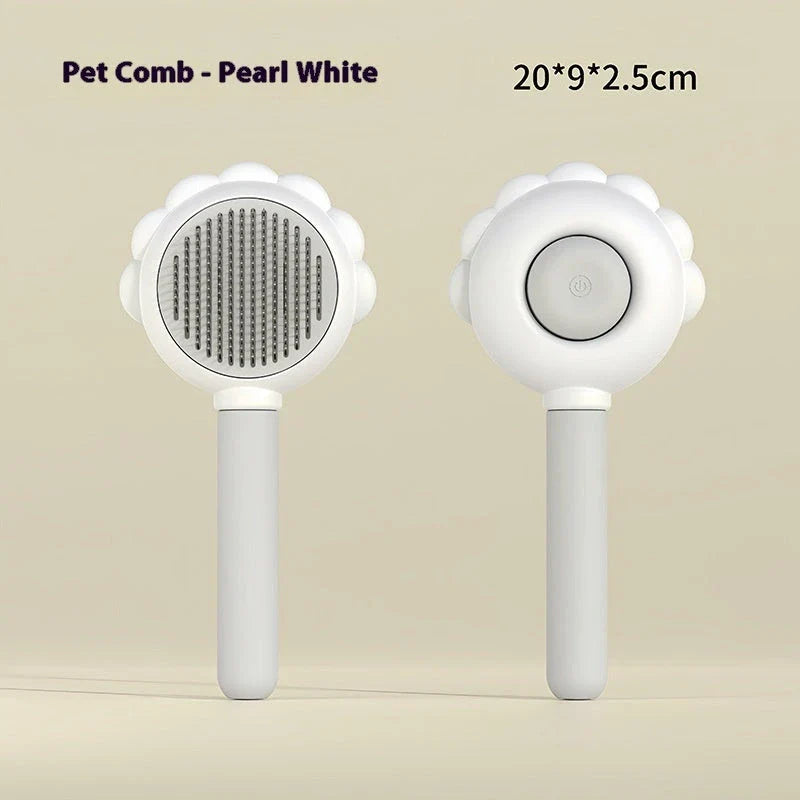 A versatile pet grooming brush with a built-in spray function for efficient hair removal and a calming grooming experience