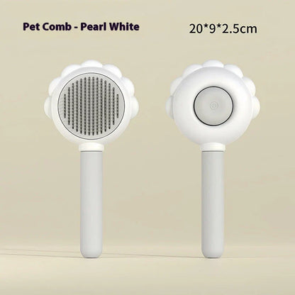 A versatile pet grooming brush with a built-in spray function for efficient hair removal and a calming grooming experience