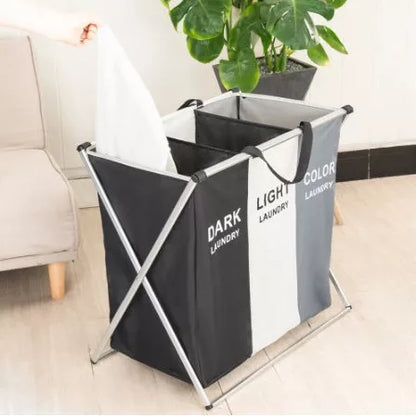 Foldable multi-layer dirty laundry basket with triple compartments and waterproof liner