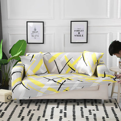 Printed geometric pattern sofa cover on double seat sofa measuring 145-185cm with spill protection