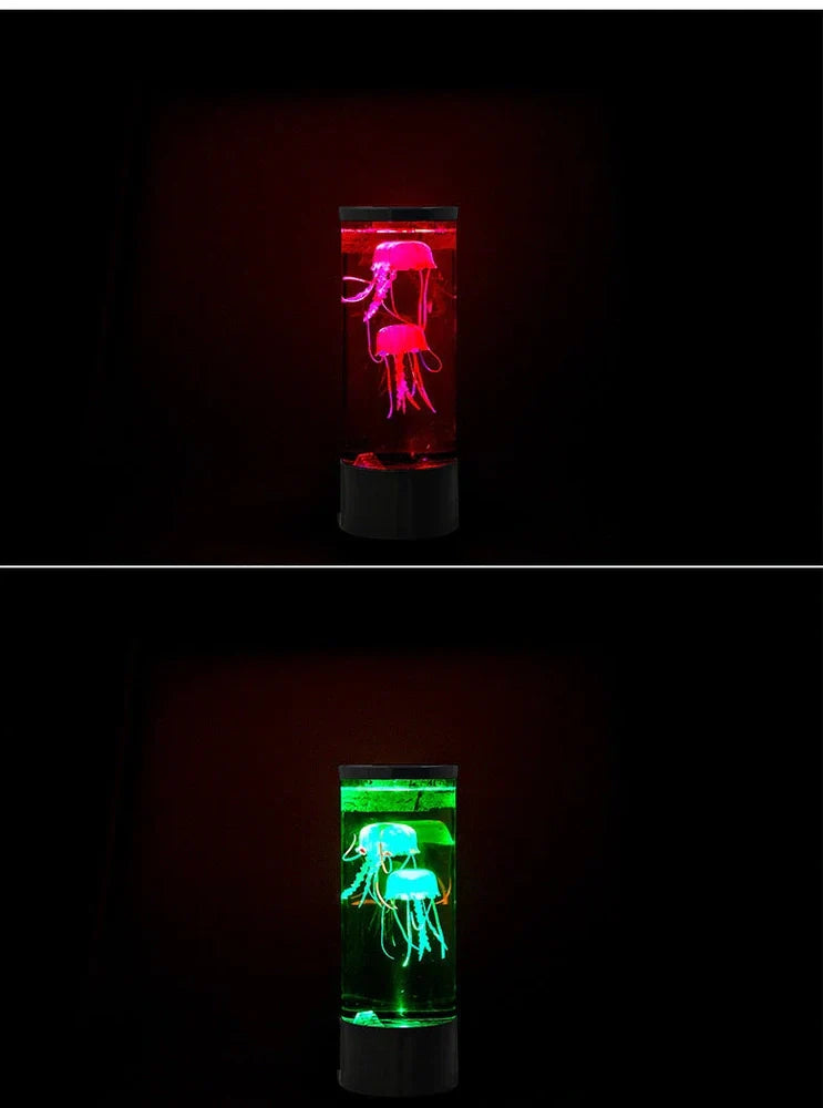 LED jellyfish aquarium lamp showing volcanic bubble effect with colour-changing lighting in black finish