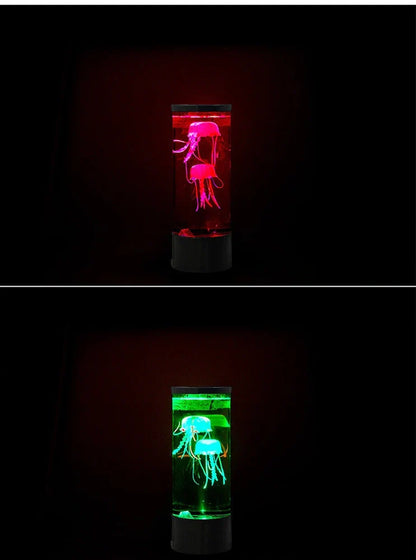 LED jellyfish aquarium lamp showing volcanic bubble effect with colour-changing lighting in black finish
