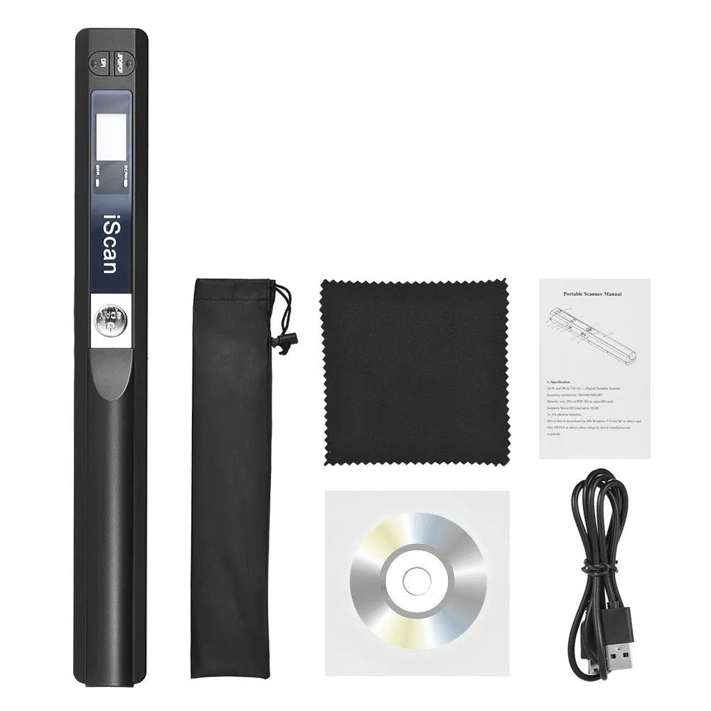 Handheld plastic barcode scanner in five colour options: black, blue, green, red, and silver.