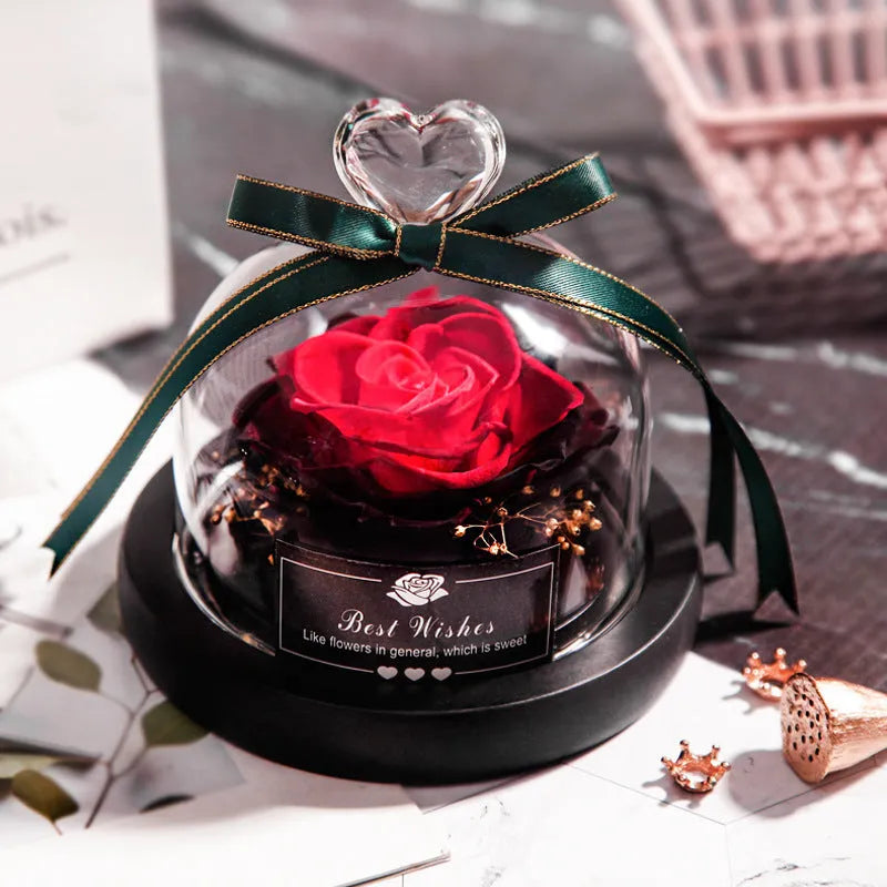 LED eternal real rose preserved in a glass dome home decor with colour options.
