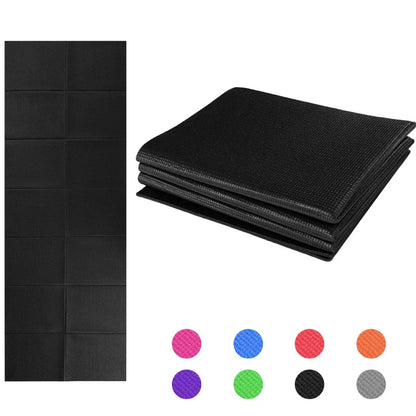 Blue folding yoga mat showing zipper system and handles with 173cm length measurement