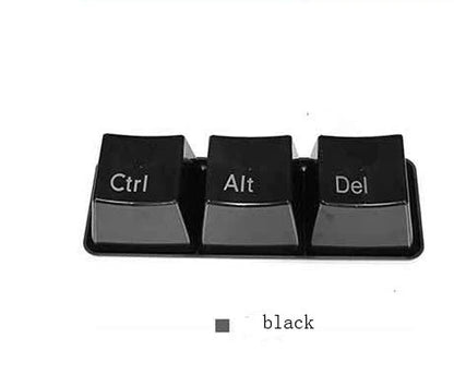 A set of three keyboard-inspired beverage cups with an attached tray, providing a unique and stylish desk accessory.