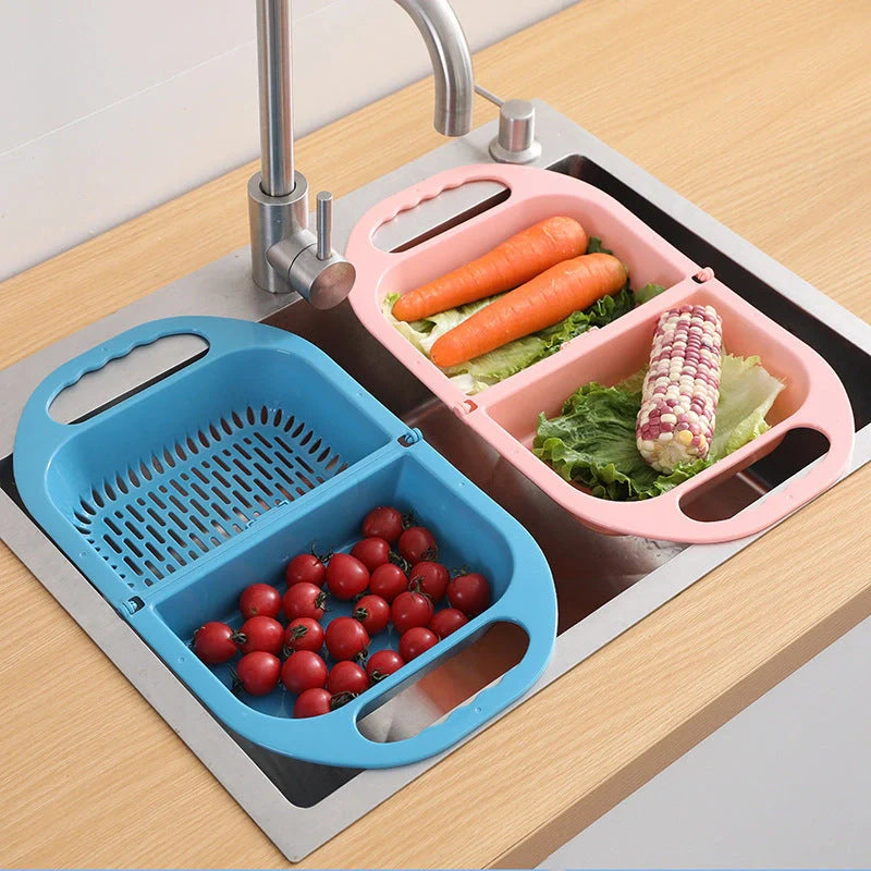 Folding drain basket for efficient fruit and vegetable cleaning with handle