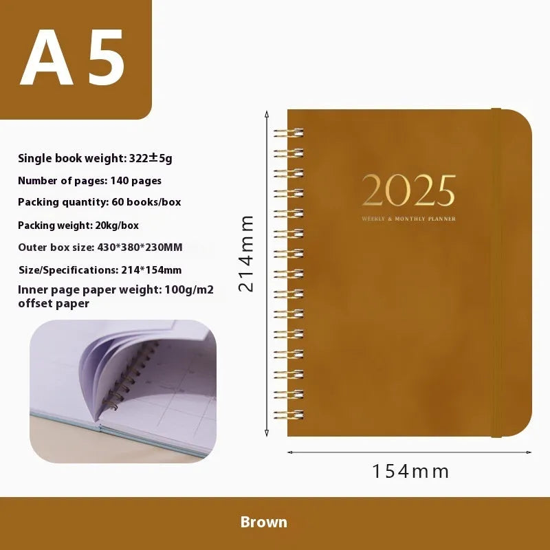 A5 size PU leather notebook with metal coil binding in a choice of colours including black, blue, and brown.