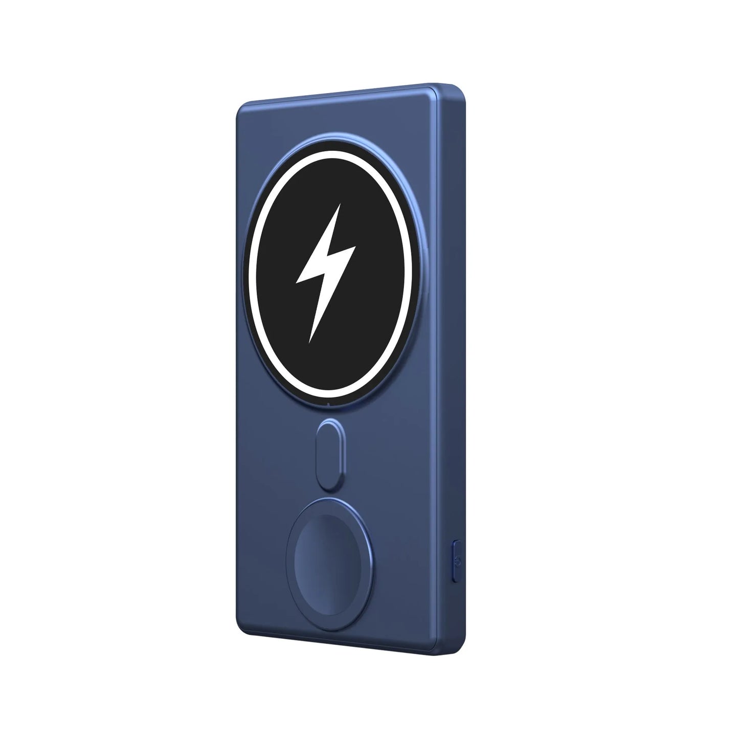 Square aluminium wireless charging power bank showing front and side views with 5000mAh capacity label