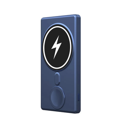 Square aluminium wireless charging power bank showing front and side views with 5000mAh capacity label