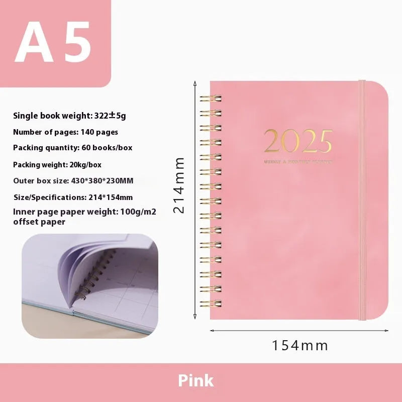 A5 size PU leather notebook with metal coil binding in a choice of colours including black, blue, and brown.
