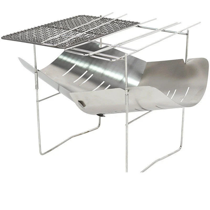 Portable folding outdoor camping stove with grill, made of titanium and stainless steel for durable and versatile outdoor cooking