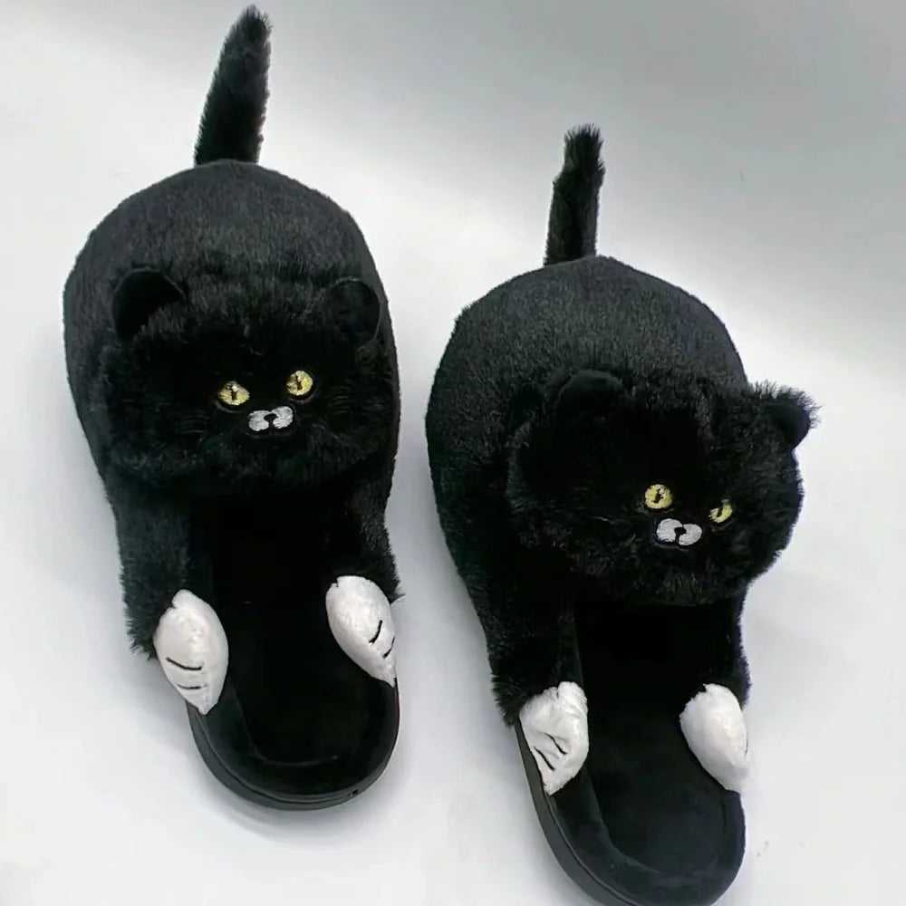 Cotton cat slippers with non-slip sole and animal pattern in blue, white, or beige