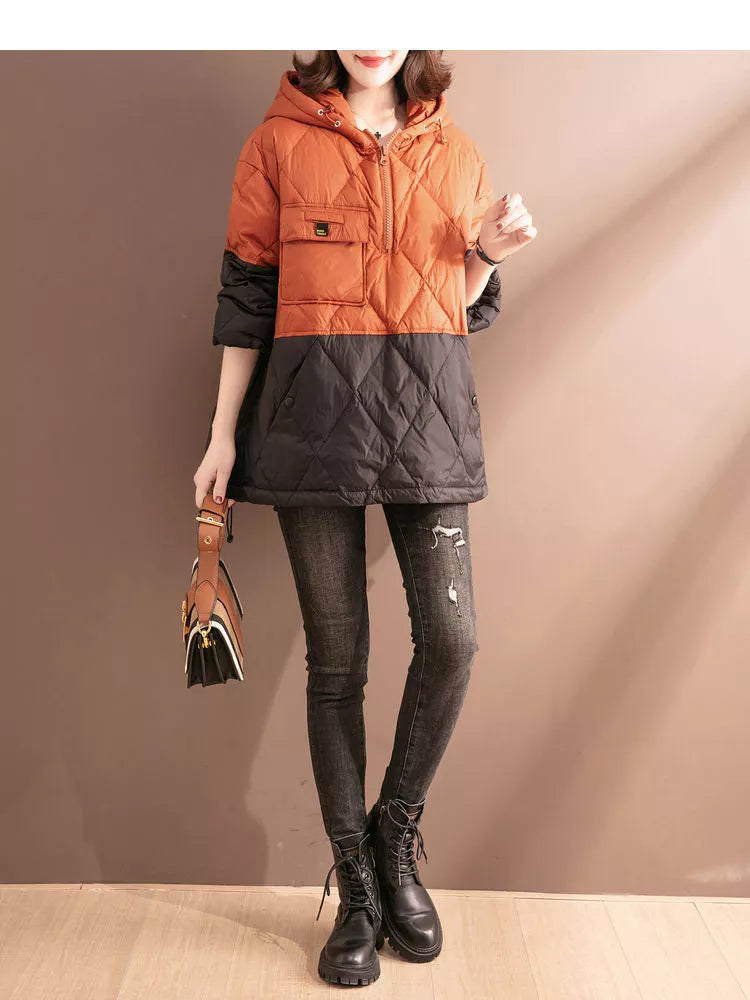 Women's lightweight hooded cotton jacket in white or black, medium length, loose fit