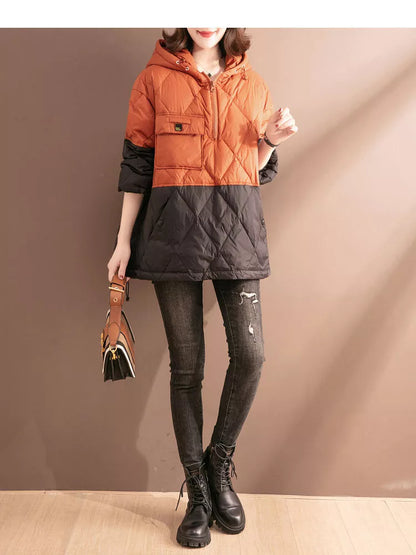 Women's lightweight hooded cotton jacket in white or black, medium length, loose fit