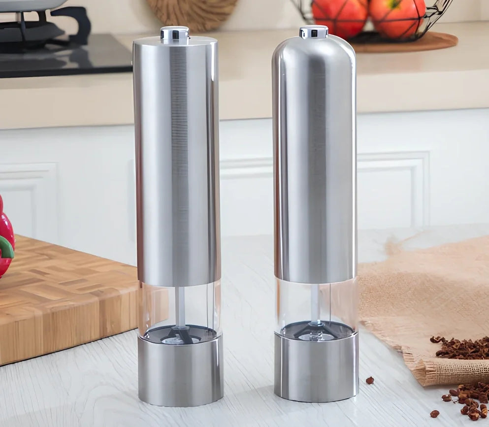 Silver stainless steel electric salt and pepper grinder with one-handed operation button