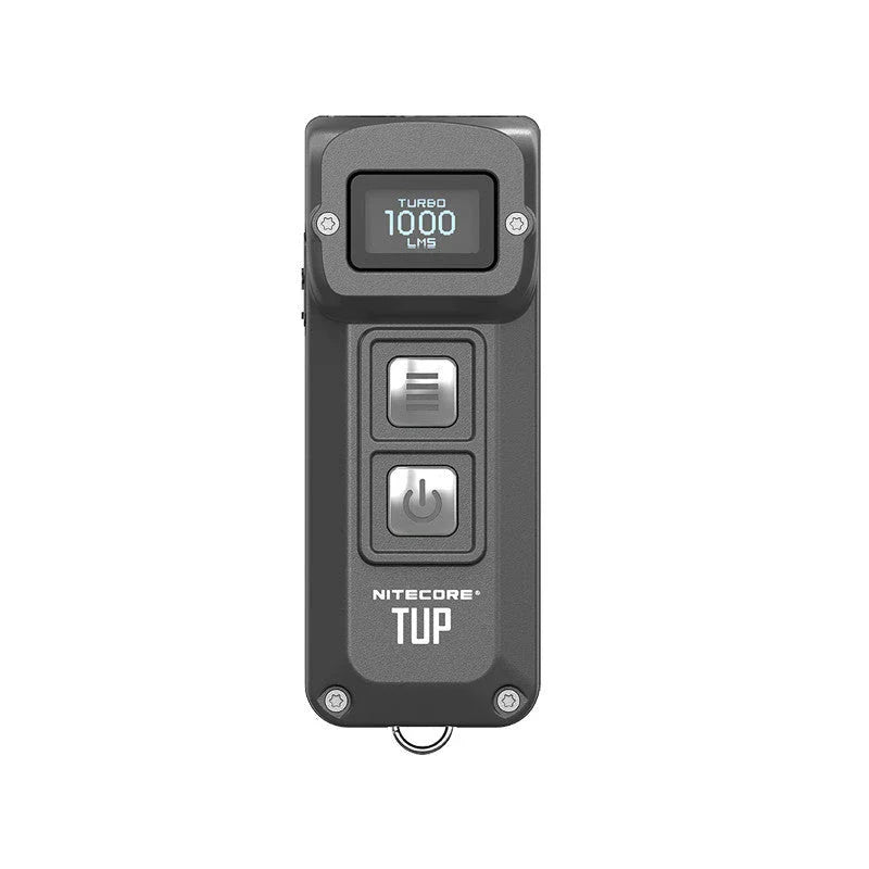 Rugged metal keychain flashlight with bright CREE LED light, OLED display, and durable construction