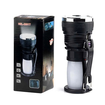 Black solar-powered LED emergency flashlight with USB charging port and press switch.