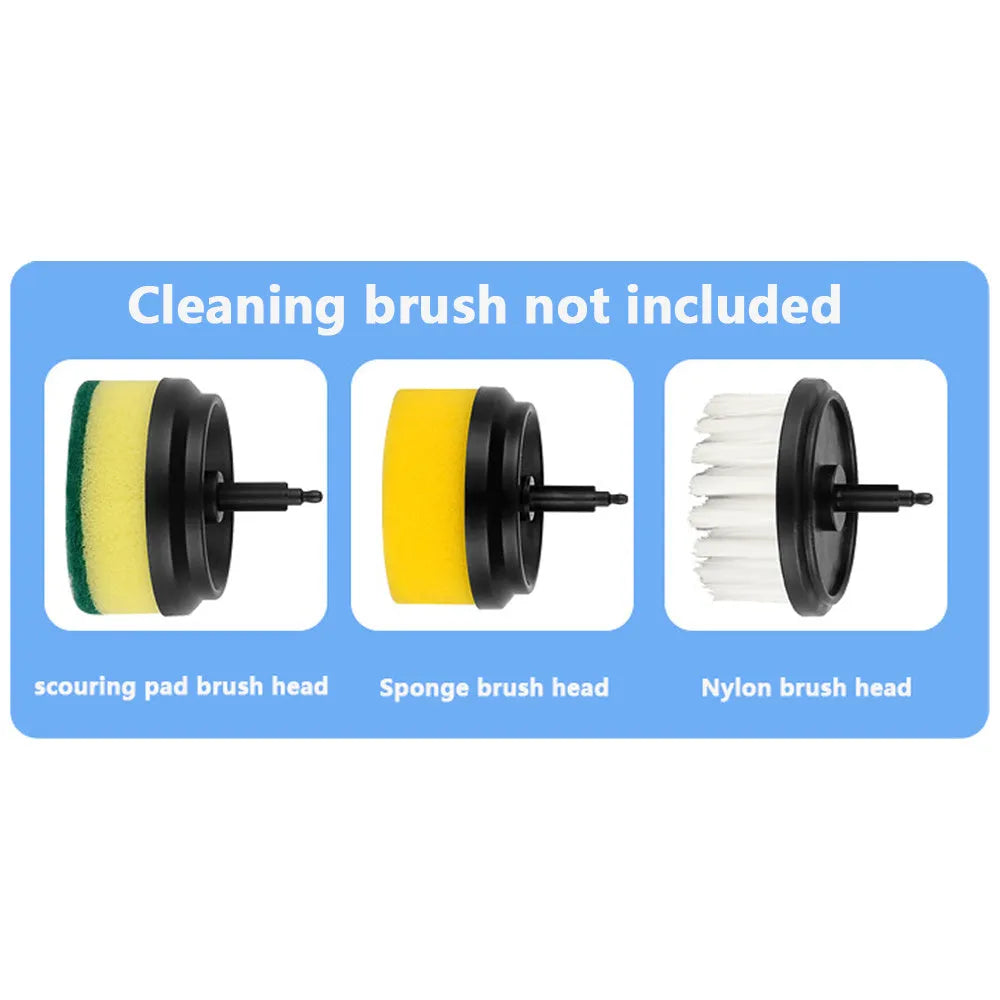 Green electric cleaning brush with scouring pad and brush heads on a kitchen worktop.