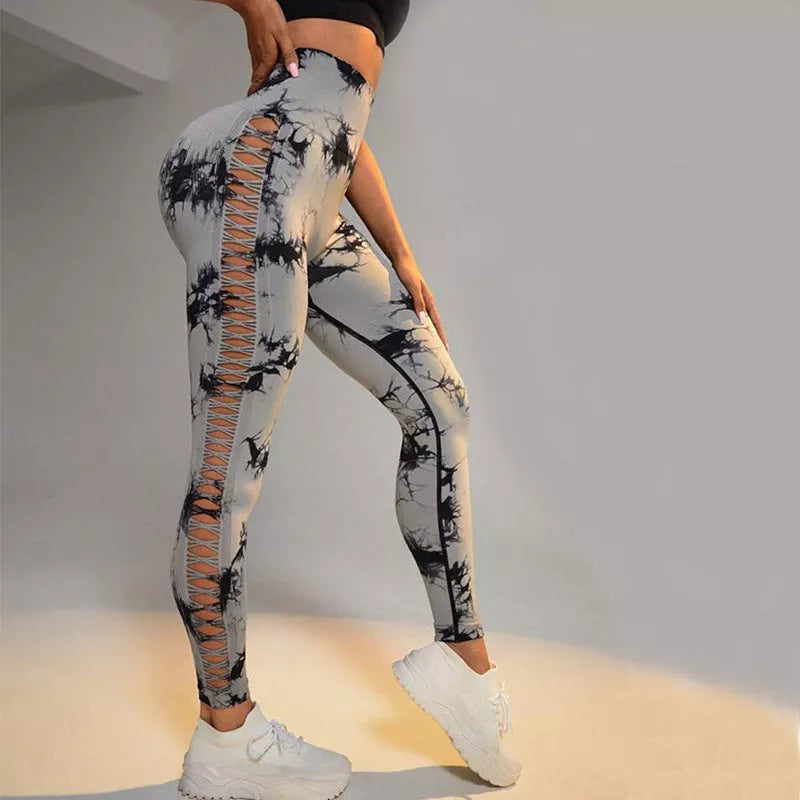 High waist butt lift seamless yoga pants with hollow tie dye print for women