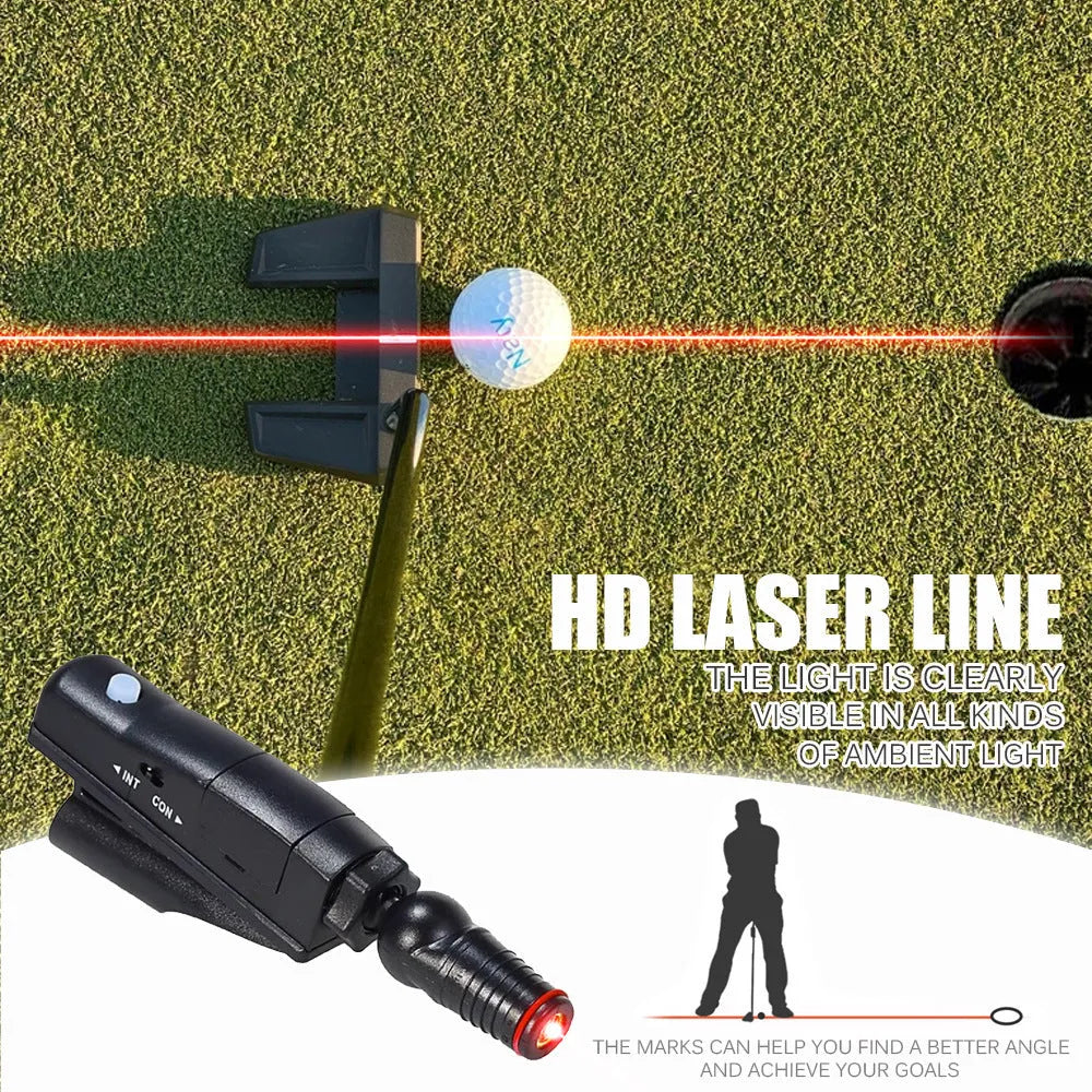 Black golf laser aiming sight with clip mount for putting alignment training.