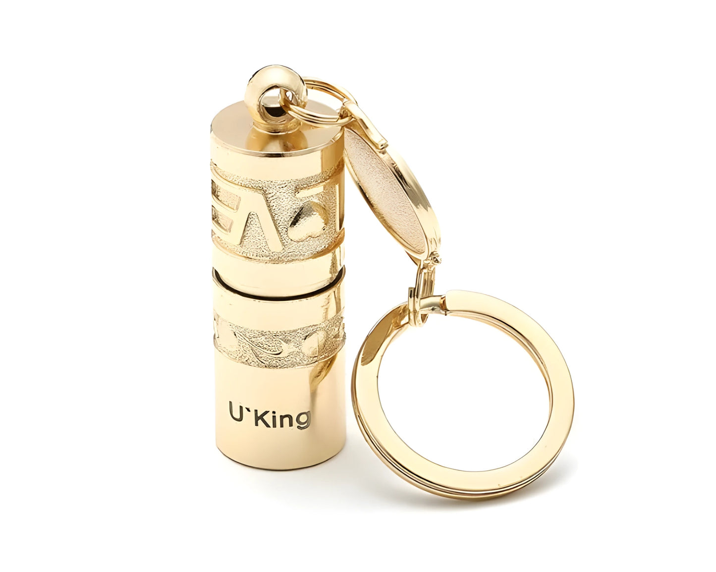 Gold waterproof mini LED flashlight on a keyring with a zinc alloy body.