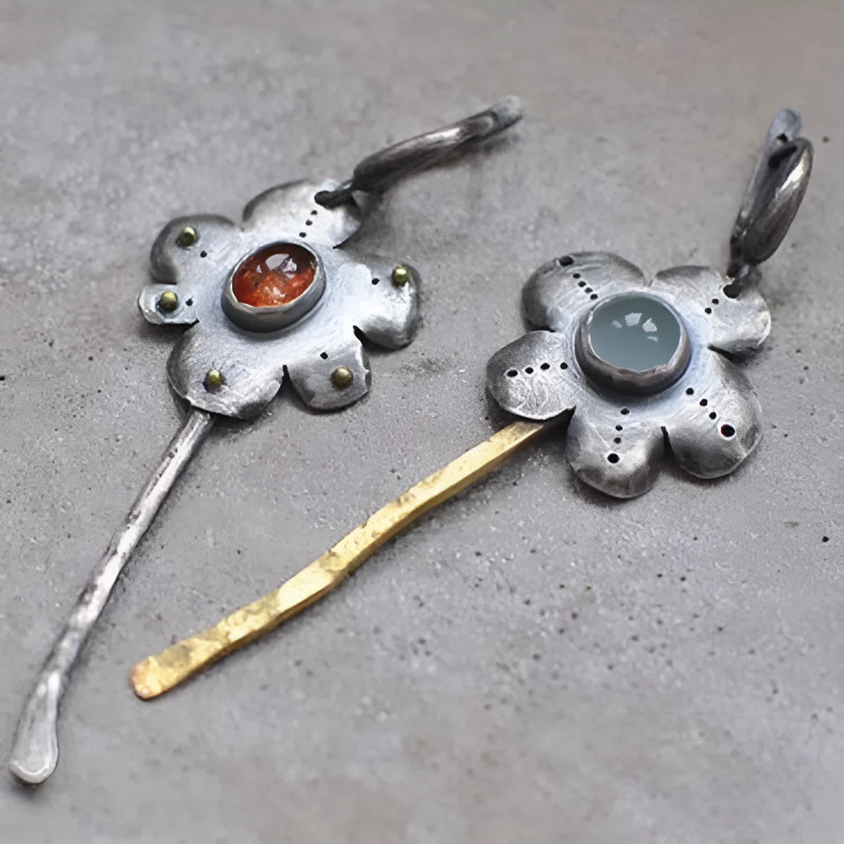 Geometric retro flower earrings with two-tone asymmetrical colour finish on alloy metal
