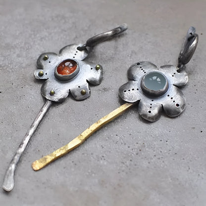 Geometric retro flower earrings with two-tone asymmetrical colour finish on alloy metal