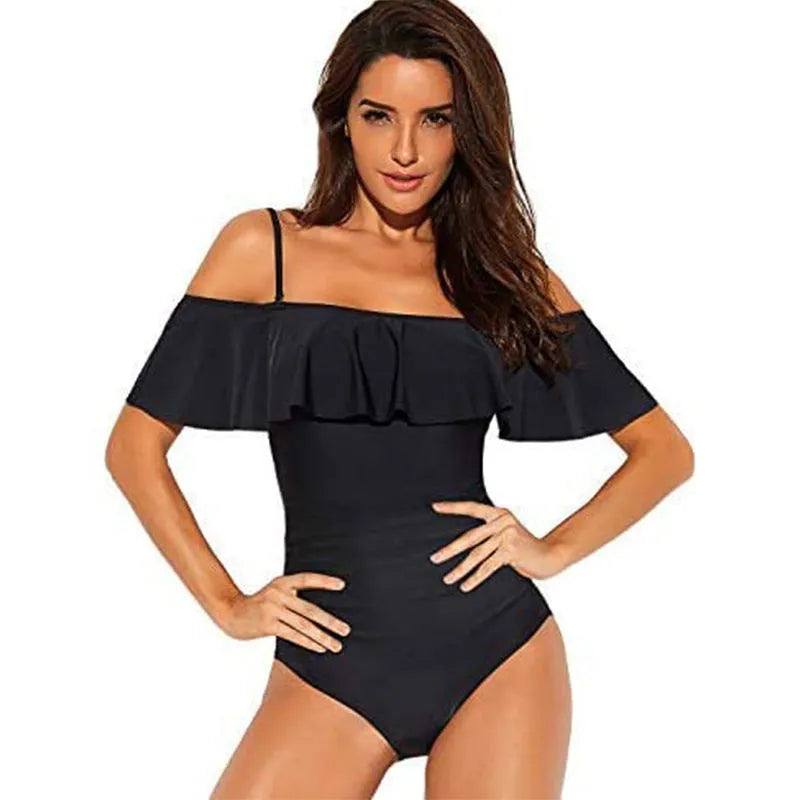 Black one-piece swimsuit with ruffled straps and cut-out design for swimming sports