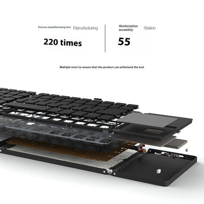 Tri-fold Bluetooth keyboard in black showing compact folded size next to smartphone