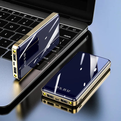 Mirror digital display 20000mAh power bank in multiple colours showing size and aluminium battery casing